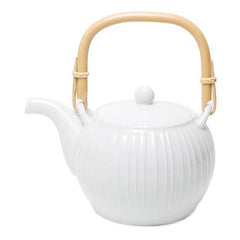 White Ribbed Japanese Porcelain Teapot with Bamboo Handle